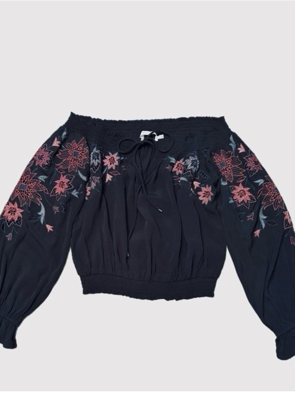Off-Shoulder Floral Embroidered Peasant Top - black with Pink Flowers